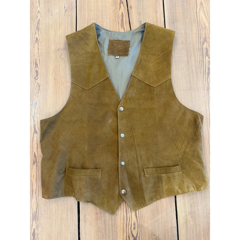 Taos Mens Brown Leather Western Cowboy Vest XL Snap Front Pockets Lined